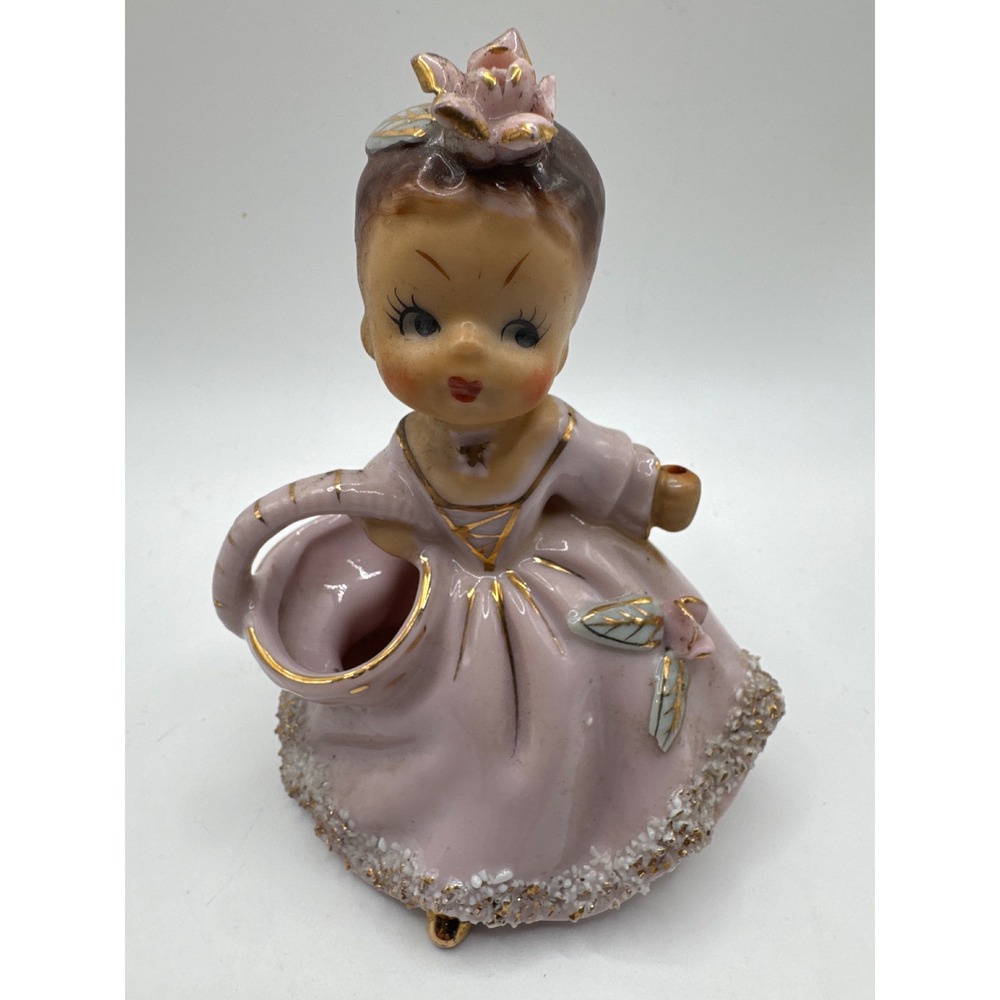 Vintage Ucagco Ceramic Girl Figurine Lipstick Holder Pink Spaghetti Trim Japan